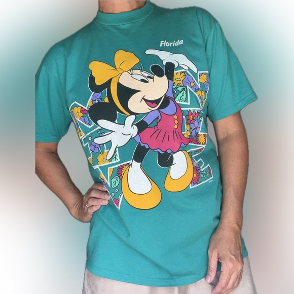 Disney 90’s vintage Minnie Mouse floral Teal Graphic T-Shirt size large - Picture 1 of 11